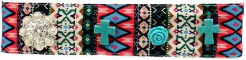 (MFW30594) Western Tribal Fabric Headband with Turquoise Crosses