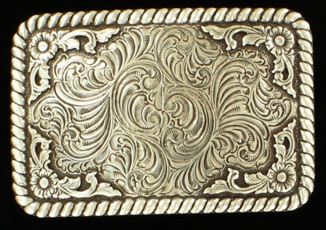 (MFW37120) Men's Silver Rectangular Scrolled Belt Buckle