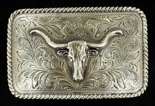 (MFW37524) Men's Longhorn Rectangular Silver Belt Buckle