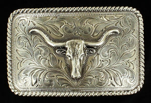 (MFW37524) Men's Longhorn Rectangular Silver Belt Buckle
