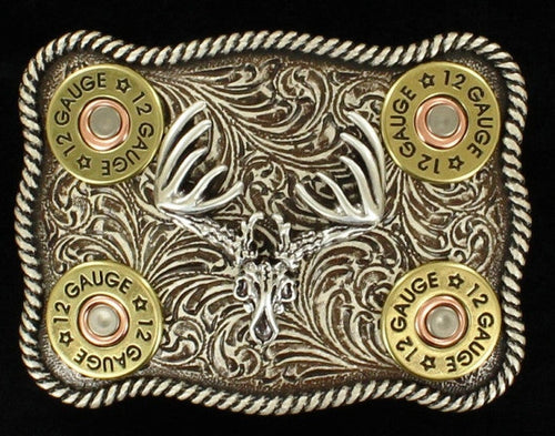 (MFW37526) Men's Belt Buckle with Buck Skull and Shotgun Shells