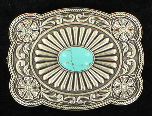(MFW37974) Ladies' Silver & Turquoise Rectangular Scalloped Belt Buckle