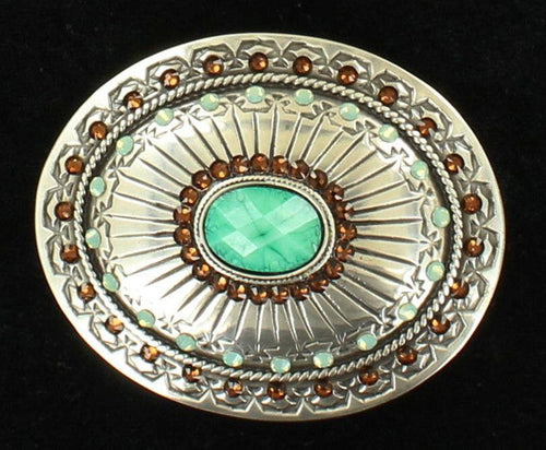 (MFW37975) Ladies' Western Oval Tribal Silver & Turquoise Belt Buckle