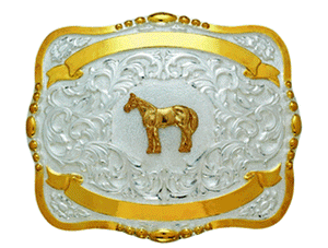 (MFW38446) Western 5" x 4" Trophy Buckle with Standing Horse and Free Engraving