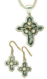 (MFW90444) Western Silver Necklace & Earrings - Cross & Longhorns