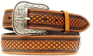 (MFWA1013248) Men's Western Natural Belt with Ribbon Overlay and Round Silver Conchos