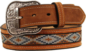 (MFWA1018248) Men's Western Natural Leather Belt with Ribbon Overlay and Diamond Conchos