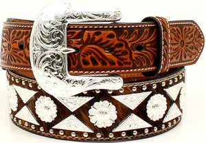 (MFWA1023808) Men's Leather Brown Tooled Belt with Half Diamond/Berry Conchos by Ariat