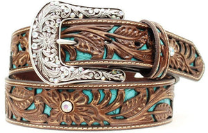 (MFWA1513402) Ladies' Western Brown Leather Belt with Turquoise Inlay 1-1/2"