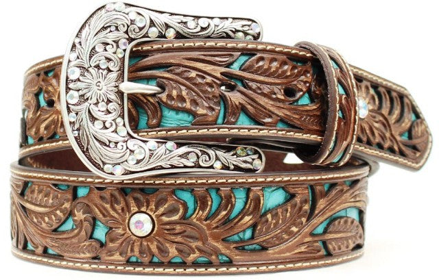 (MFWA1513402) Ladies' Western Brown Leather Belt with Turquoise Inlay 1-1/2