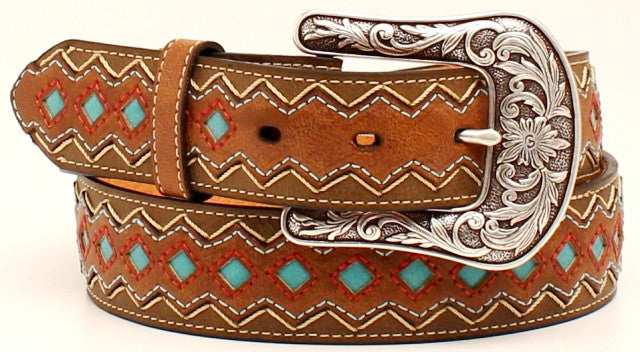 Ladies' Western Brown Belt with Turquoise Diamond Pattern  Wild West Living