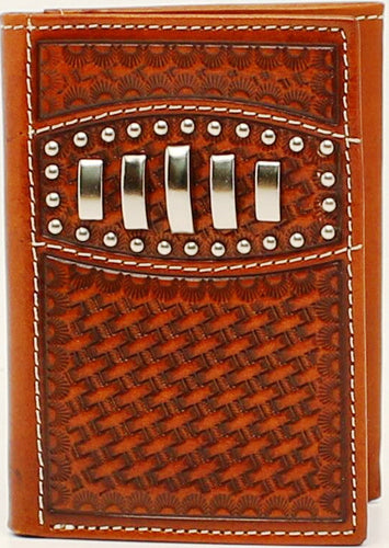 (MFWA3521408) Western Tan  Basket Weave Tri-Fold Wallet with Bullet Conchos