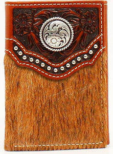 (MFWA3528402) Western Tri-Fold Wallet with Tooled Leather & Hair-On