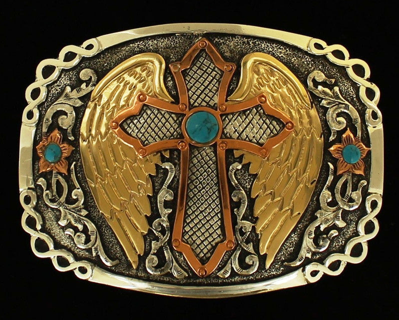 (MFWC10127) Western Cross & Wings Belt Buckle with Turquoise Stones