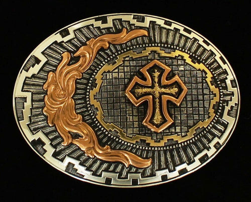 (MFWC10132) Western Silver & Gold Cross Belt Buckle