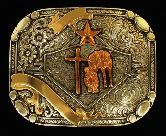(MFWC10137) Western Praying Cowboy Belt Buckle with Star