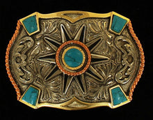 Load image into Gallery viewer, (MFWC10151) Western Rowel Silver &amp; Gold Belt Buckle with Turquoise Stones