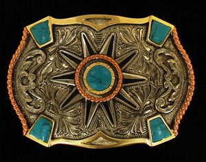 (MFWC10151) Western Rowel Silver & Gold Belt Buckle with Turquoise Stones