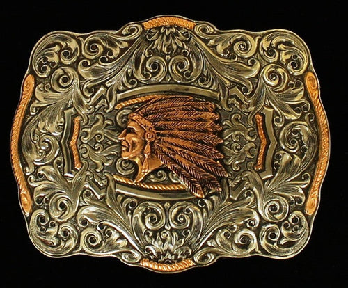 (MFWC10152) Western Indian Head Silver & Gold Belt Buckle