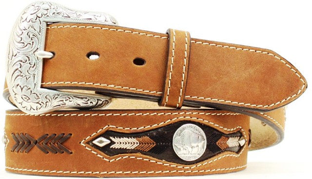 (MFWN2412044) Men's Western Brown Distressed Belt with Buffalo Nickel Conchos