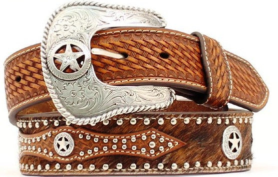 (MFWN2506808) Men's Western Tan Leather/Calf Hair Texas Star Belt by Nocona (1-1/2