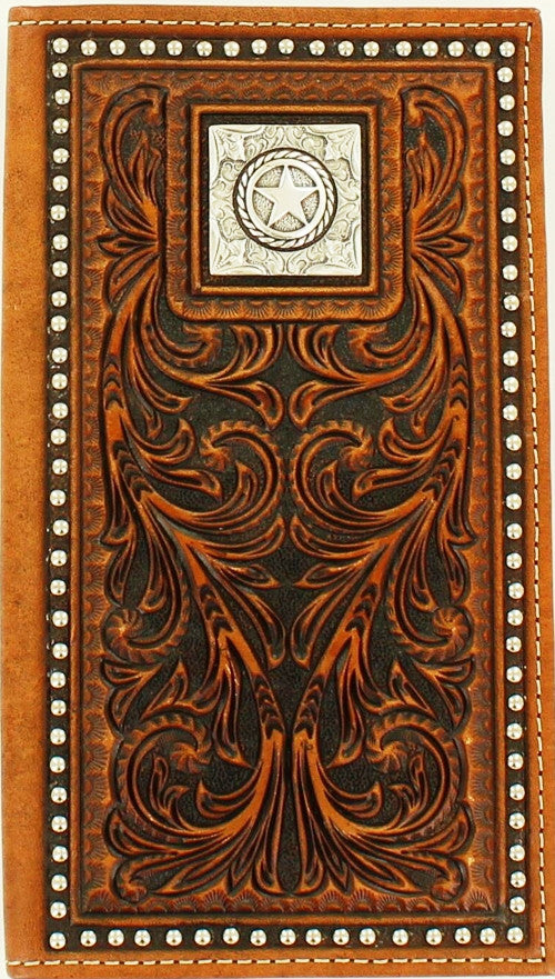 (MFWN5410402) Western Tooled Brown Leather Rodeo Wallet with Star Concho
