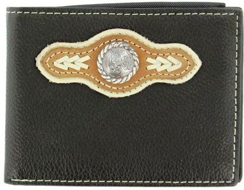 (MFWN5418401) Western Black Leather/Nylon Bi-Fold Wallet with Silver Round Concho and Lacing