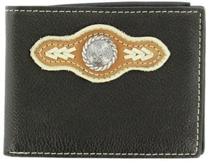(MFWN5418401) Western Black Leather/Nylon Bi-Fold Wallet with Silver Round Concho and Lacing