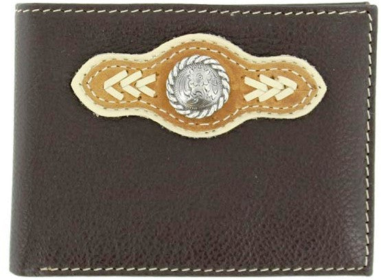 (MFWN5418402) Western Brown Leather/Nylon Bi-Fold Wallet with Silver Round Concho and Lacing