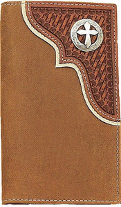 (MFWN54290217) Western Aged Bark Leather Rodeo Wallet/Checkbook Cover with Cross Concho by Nocona