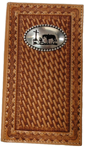 (MFWN5431648) Western Leather Basketweave Wallet/Checkbook Cover with Praying Cowboy Concho