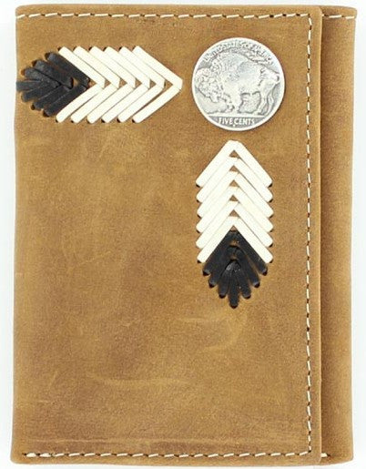 (MFWN5434244) Western Medium Brown Distressed Leather Tri-Fold Wallet with Buffalo Nickel Concho