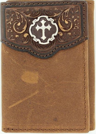 (MFWN5454844) Western Medium Brown Distressed Leather Tri-Fold Cross Wallet