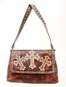 (MFWN7527602) Western Brown Croc Faux Leather Triple-Cross Shoulder Bag