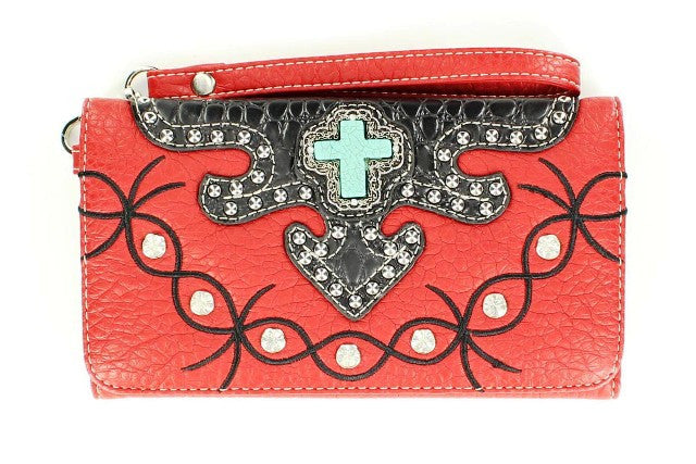 (MFWN7532464) Western Red/Black Barbwire Ladies' Wallet with Turquoise Cross