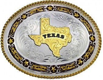 (MS11319-610TX-BK) Star Links Western Belt Buckle with State of Texas by Montana Silversmiths