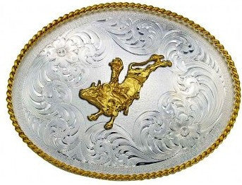 (MS1350-160) Western Gold & Silver Bull Rider Belt Buckle
