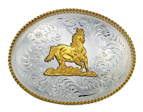 (MS1350-163) Western Silver & Gold Galloping Horse Belt Buckle
