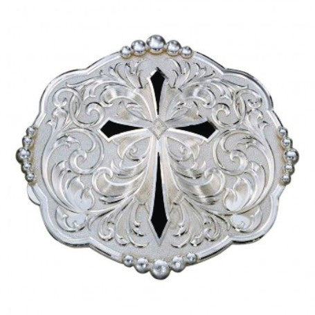 (MS14319) Diamond Shaped Cross with Silver Flourishes Western Belt Buckle by Montana Silversmiths