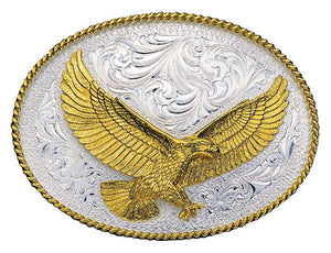 (MS1460) Western Silver Engraved Belt Buckle with Large Eagle by Montana Silversmiths
