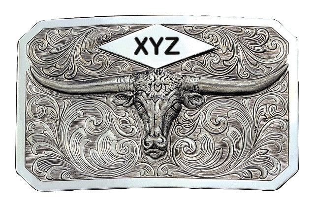 (MS19810) Longhorn Plaque Western Belt Buckle with Three Initial Engraving