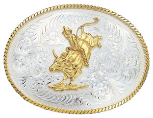 (MS2120) Large Silver Engraved Western Belt Buckle with Bull Rider