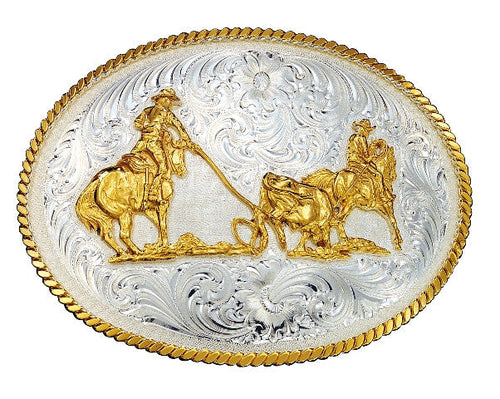 (MS2130) Western Silver & Gold Team Ropers Belt Buckle