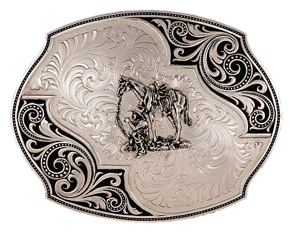 (MS27310-456) Western Lace Whisper Flourish Buckle with Cowboy & Horse