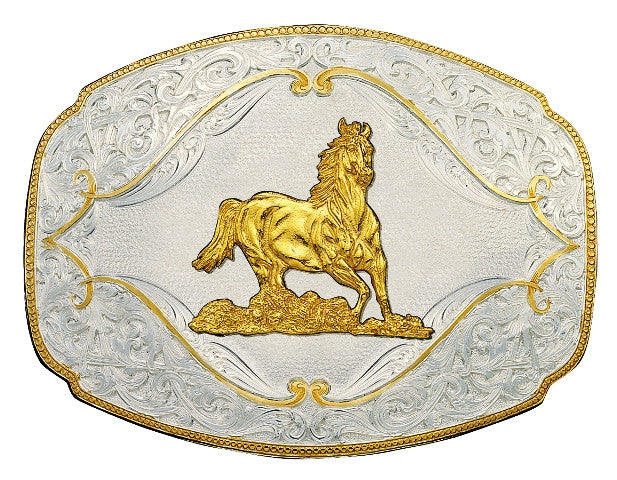 (MS2920-463) Gold Flourish Western Belt Buckle with Galloping Horse