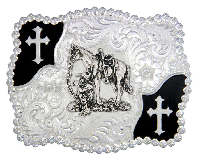 (MS3611-456) Christian Flourish Scallop Shape Belt Buckle - Cowboy & Horse