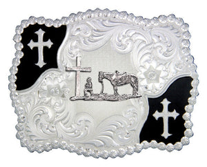 (MS3611-731M) Christian Flourish Scallop Shape Belt Buckle - Praying Cowboy