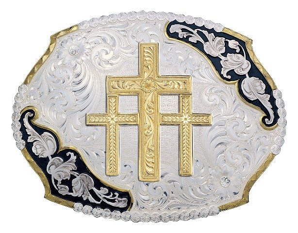 (MS3810-101648BK) Antique Leaves Western Belt Buckle with Gold Triple Cross by Montana Silversmiths