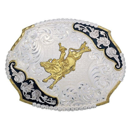 (MS3810-528BK) Antique Leaves Western Belt Buckle with Gold Bull Rider by Montana Silversmiths