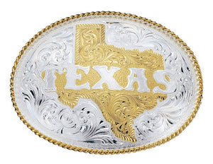 (MS5630) Silver Engraved Western Belt Buckle with Etched State of Texas by Montana Silversmiths